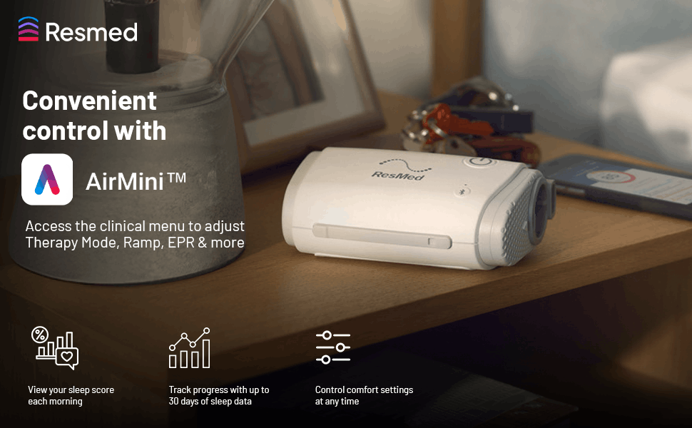 Resmed AirMini on bedside shelf with AirMini app connectivity features